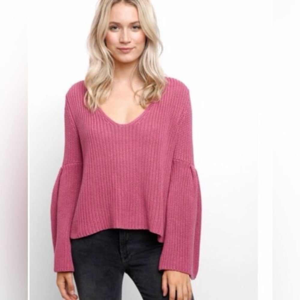 Free People Rose Pink Damsel Bell Sleeve Cotton V-neck Sweater |Small| - Picture 3 of 10